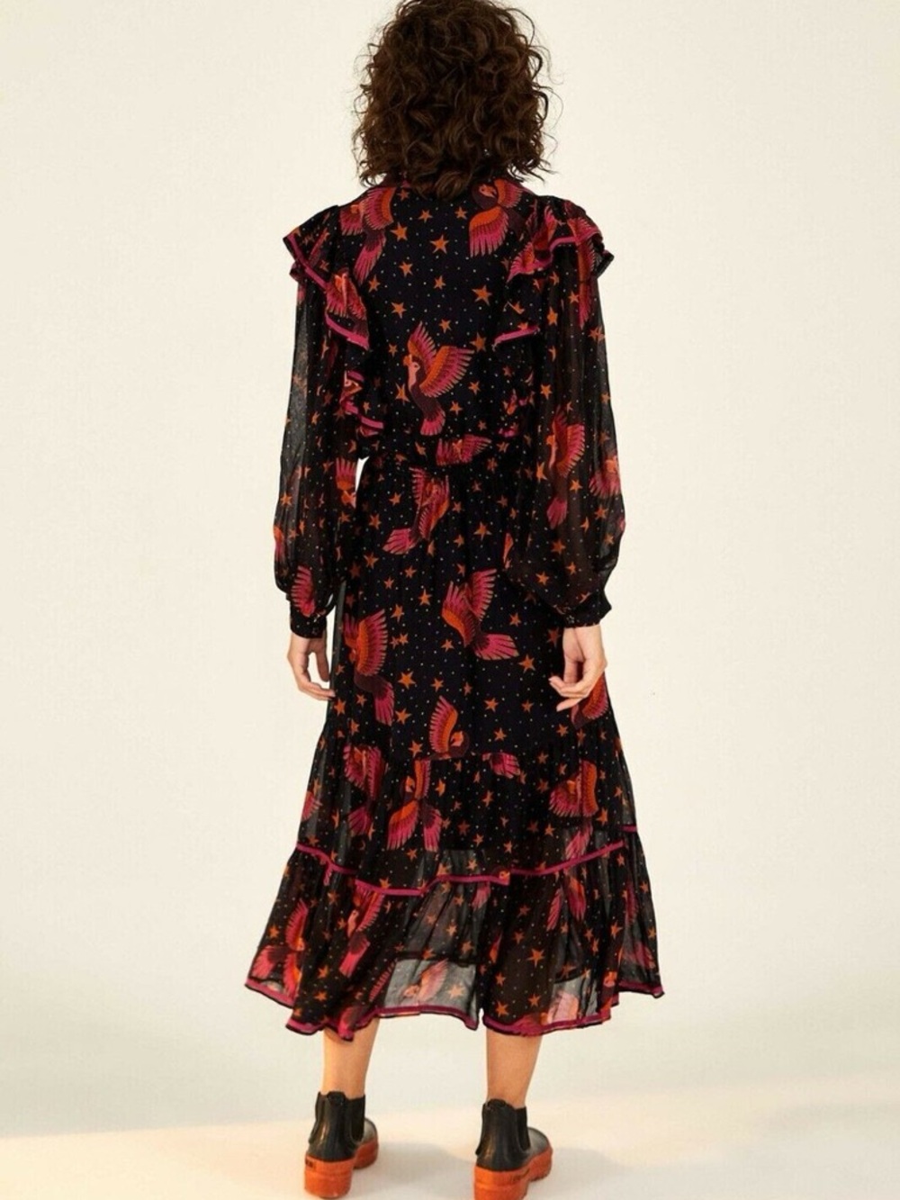 FARM Rio Black Midi Dress with Pink Floral & Star Print NWOT - Picture 3 of 14